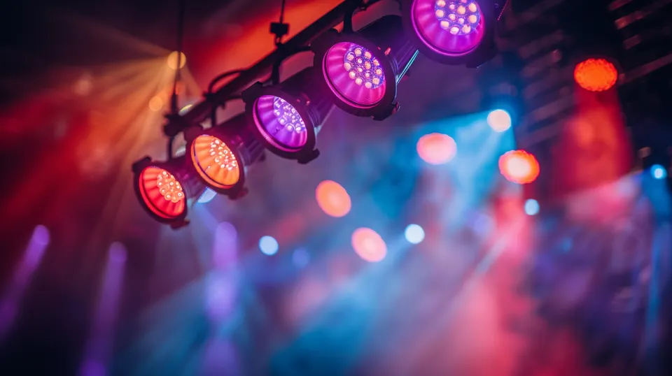 Efectos de luz con luminarias y rayos de colores en un concierto