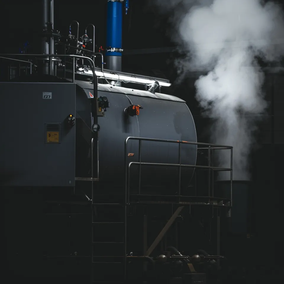 Steam boiler with a smoky outlet in a dark hangar