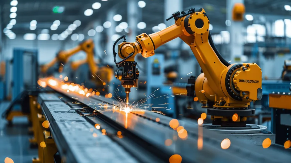 Robotic arm in a factory performing precise work with sparks