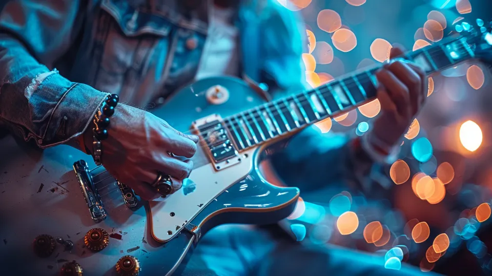Músico tocando una guitarra eléctrica azul entre las luces