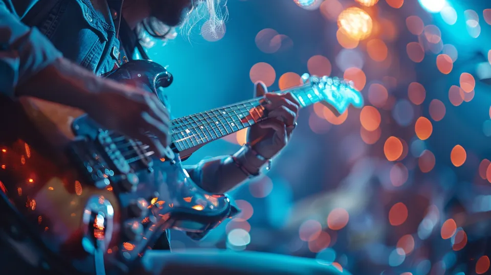 Un momento de la actuación del músico con la guitarra eléctrica en el escenario con luces