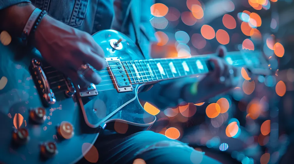 Musician performing a song on an electric guitar in evening light
