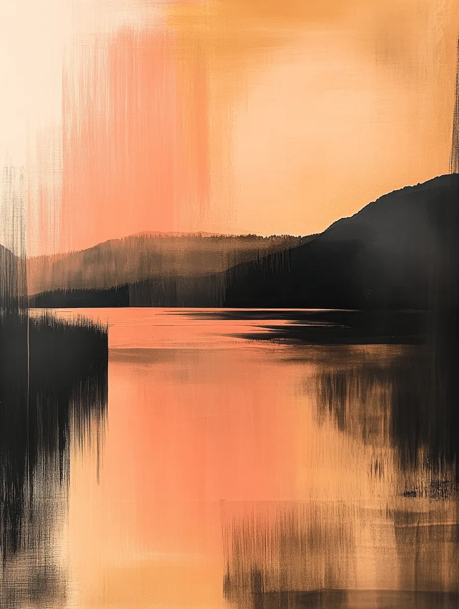 Imagen abstracta del atardecer sobre un lago con siluetas de montañas en el horizonte