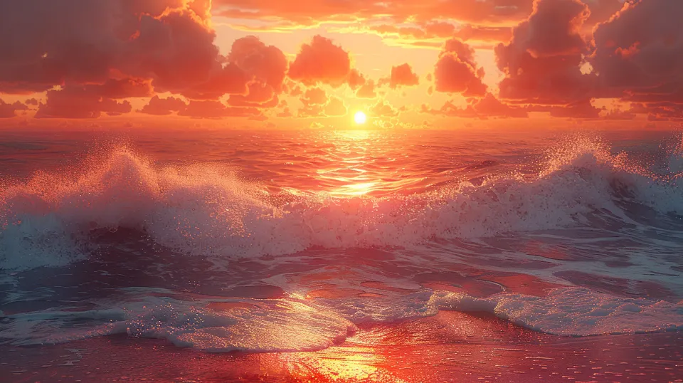 Colorful sunset with bright hues over ocean waves