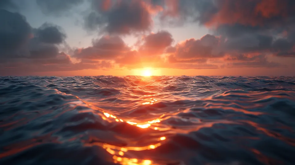 Beautiful sunset against a backdrop of clouds and the ocean surface