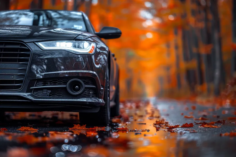 Black car on a wet road among autumn leaves