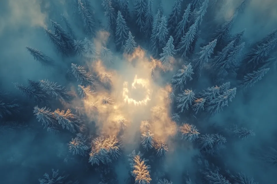 Vista atmosférica de un bosque invernal con nubes en el fondo de luz solar