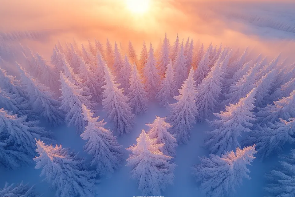 Beautiful winter forest with frost on the trees at sunrise