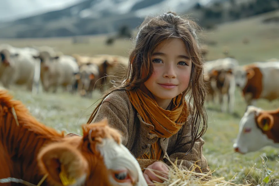 Cute girl with long hair next to cows in a meadow