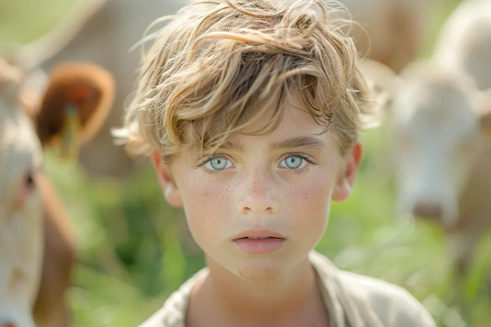 Portrait of a Boy with Blue Eyes Against a Background of Cows