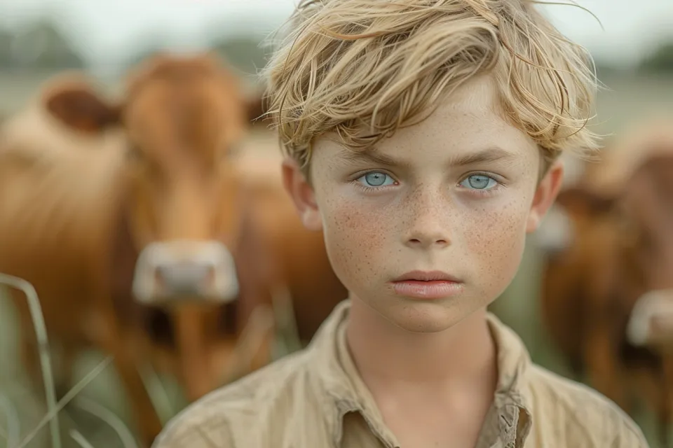 Portrait of a boy with blue eyes and light hair against a background of cows