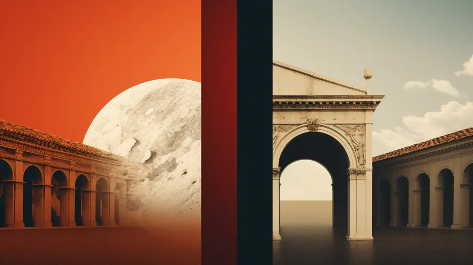 La imagen combina elementos de la arquitectura y el paisaje cósmico en un estilo único
