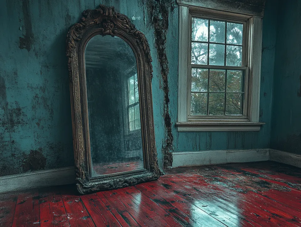 Antiguo espejo en una habitación descuidada con una ventana