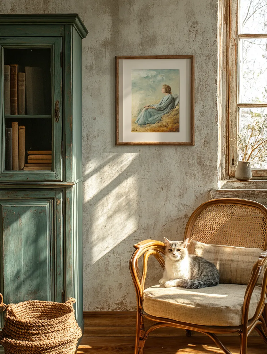 Cat on an armchair in a room with a bookshelf and a painting on the wall