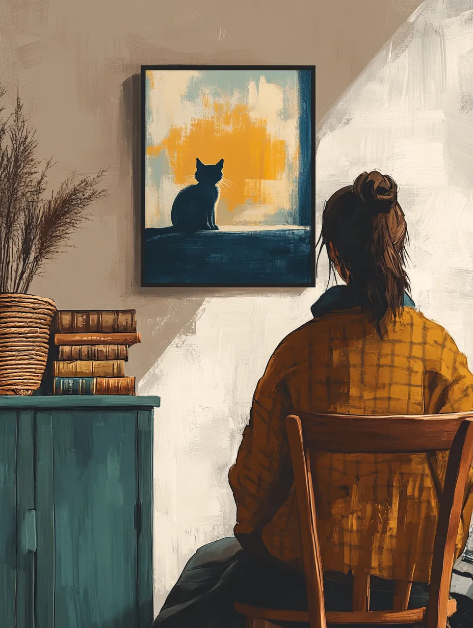 Mujer sentada de espaldas al espectador, observando una pintura con un gato