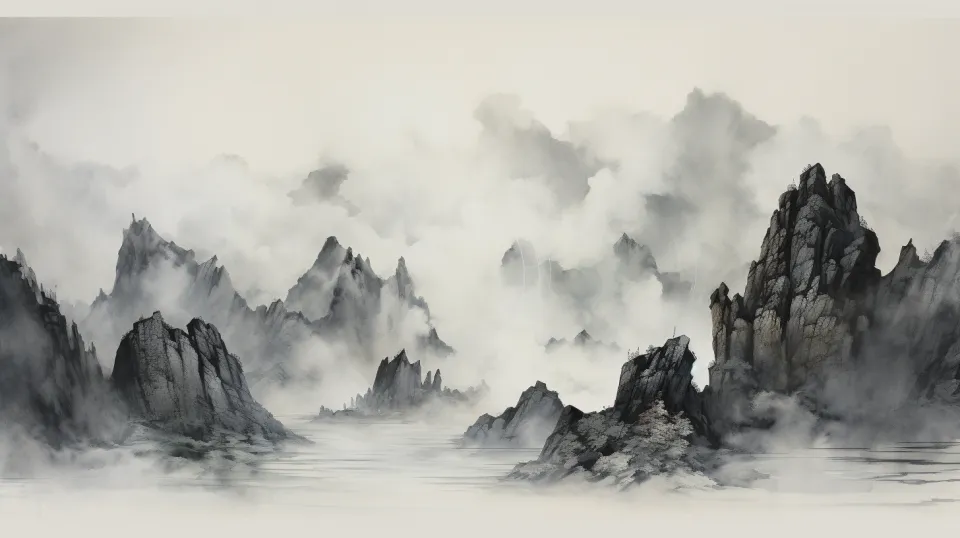 Imagen de un paisaje montañoso, rodeado de densa niebla y nubes