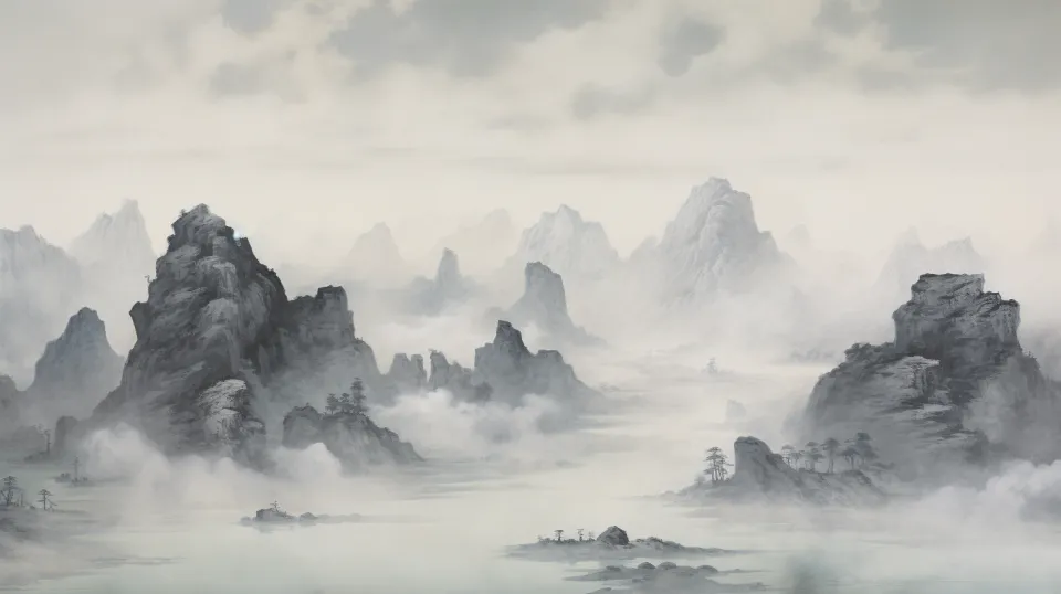 Exquisita pintura de un paisaje montañoso en la niebla con un cuerpo de agua y vegetación