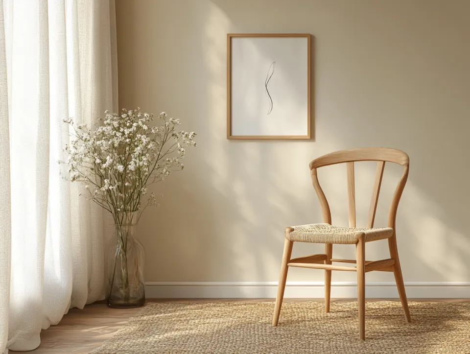 Modern minimalist interior with a chair and a bouquet of flowers