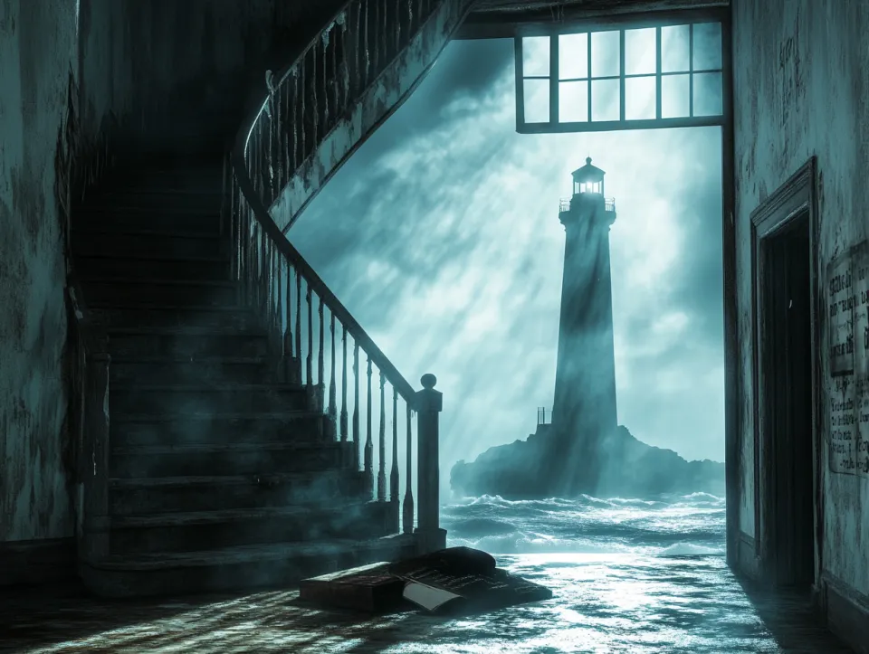 Interior de una casa abandonada con escaleras y un faro de fondo