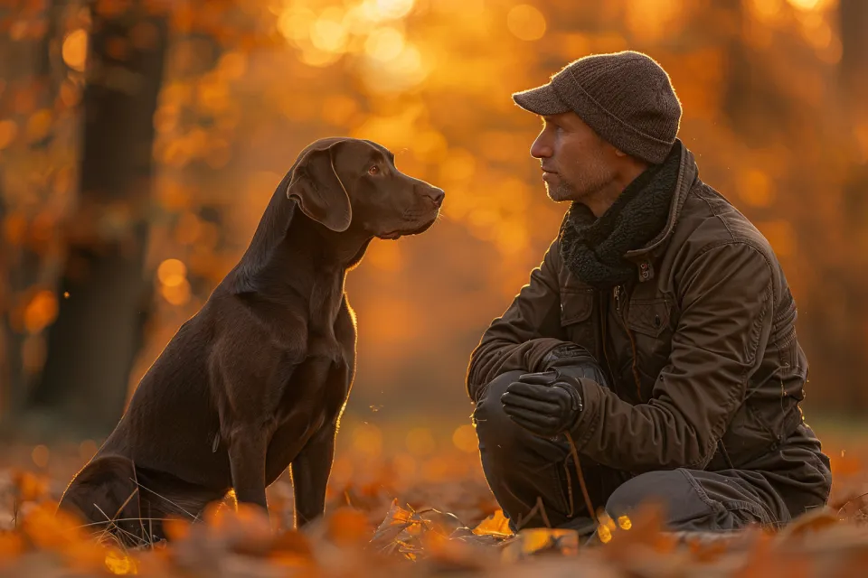 Sitting person and their dog together in an autumn park