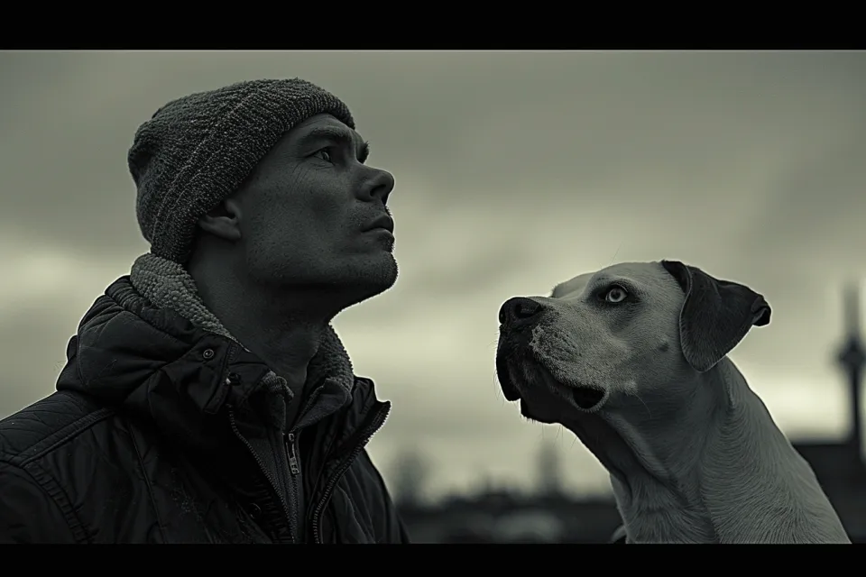 Una persona con un gorro mira hacia arriba, junto a él hay un perro