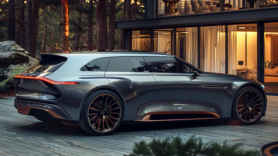Automóvil moderno no eléctrico con un diseño elegante frente a un bosque y una casa