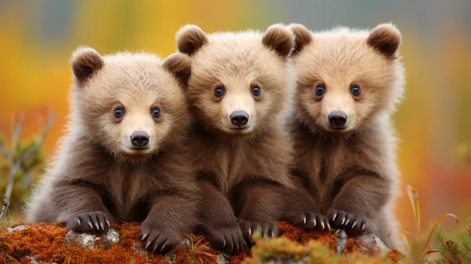 Soft-furred bear cubs against a backdrop of colorful foliage