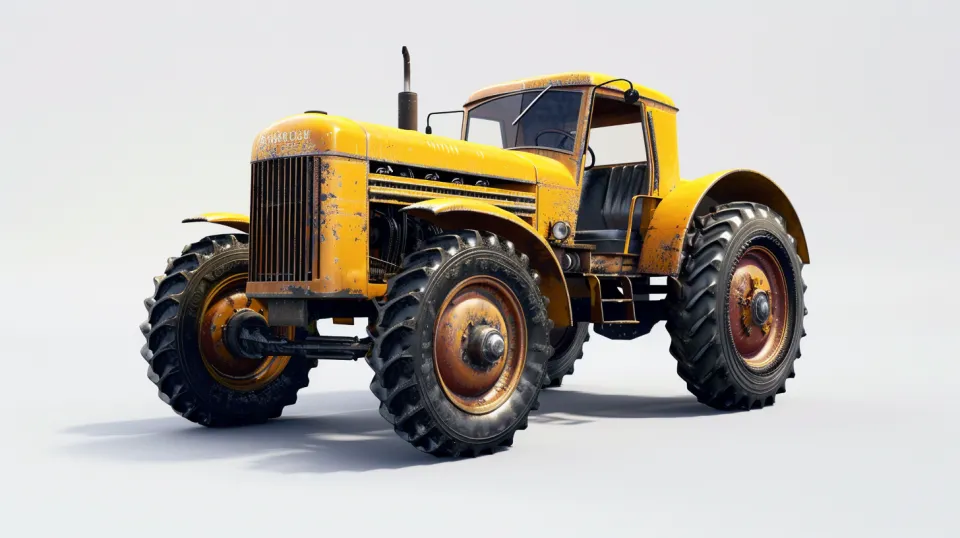 Image of an old yellow tractor with wear and damage.