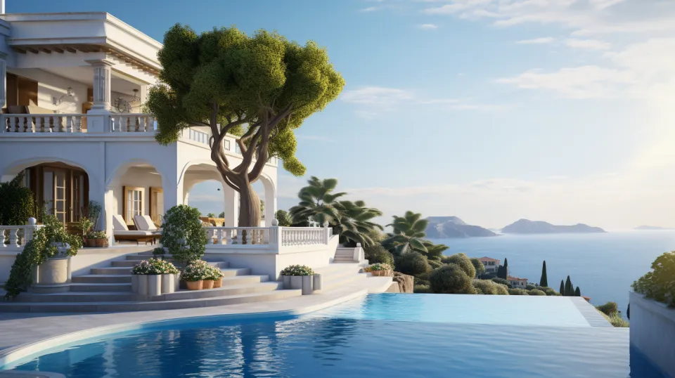 Bright villa with an open terrace and swimming pool by the sea