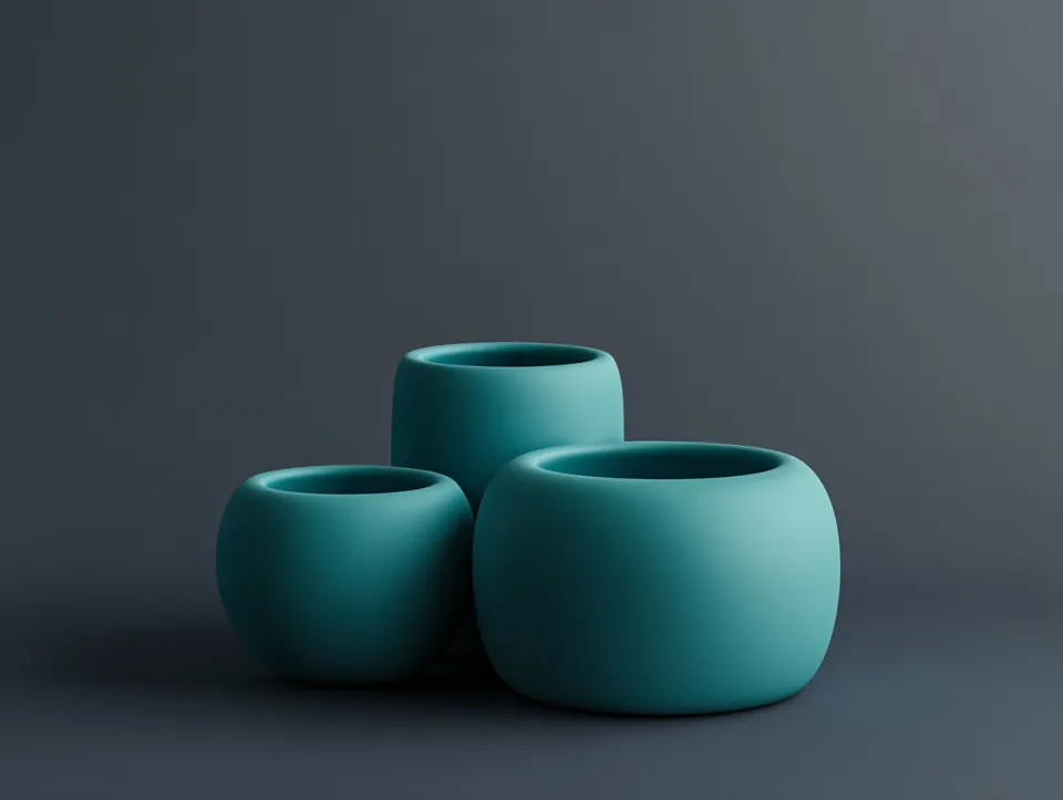 Three smooth planters of various sizes on a solid background