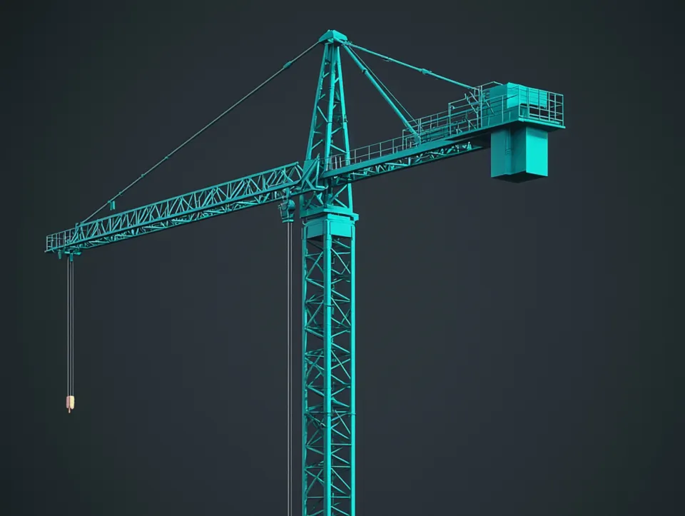 Image of a construction crane with a bright structure against a dark background