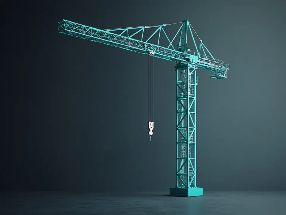 Image of a construction crane with a dark background and clear detailing