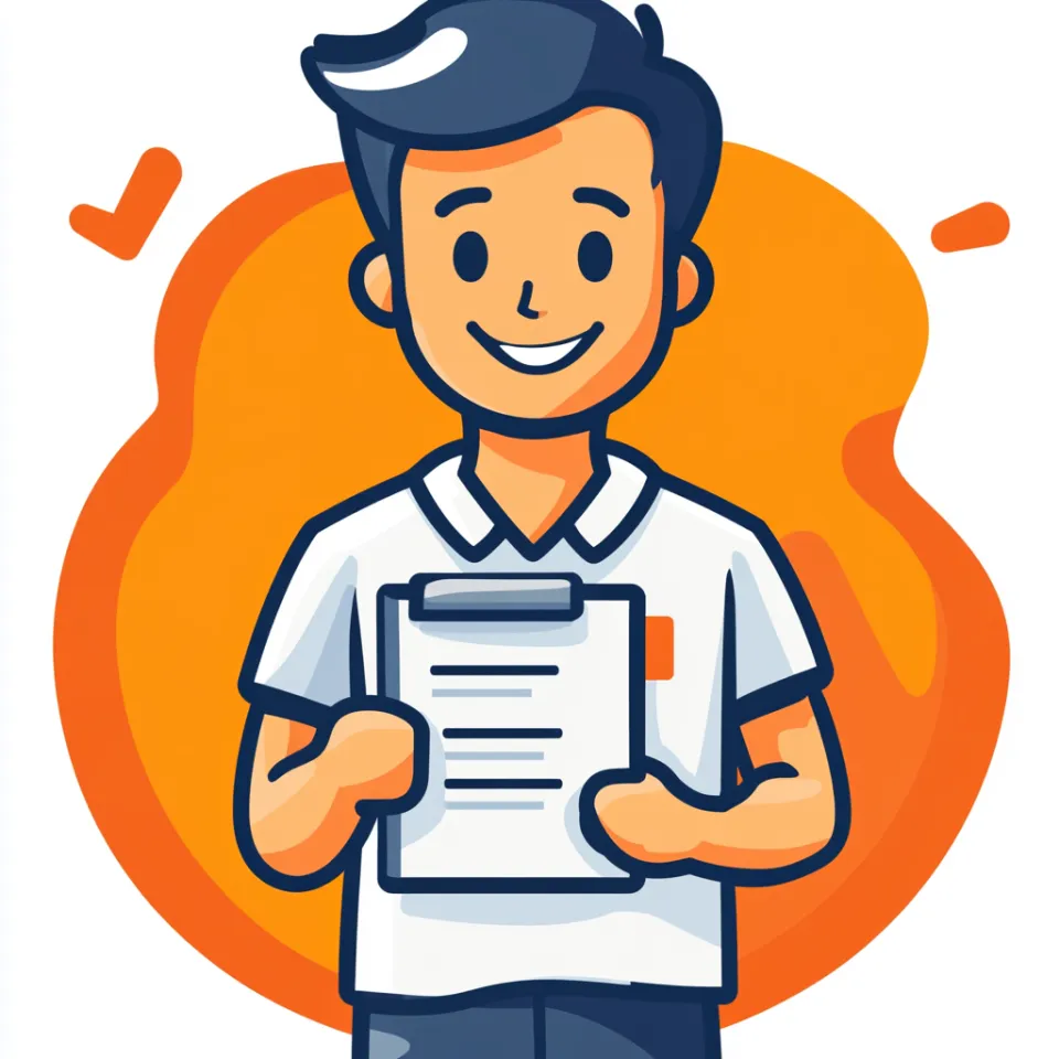Illustration of a smiling young man holding a paper on an orange background