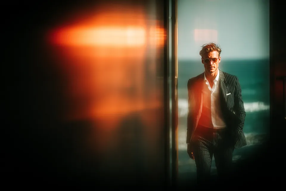 Elegant man in a formal suit against a seaside backdrop