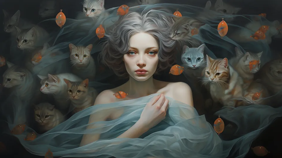 Woman with Gray Hair Among Cats and Orange Elements
