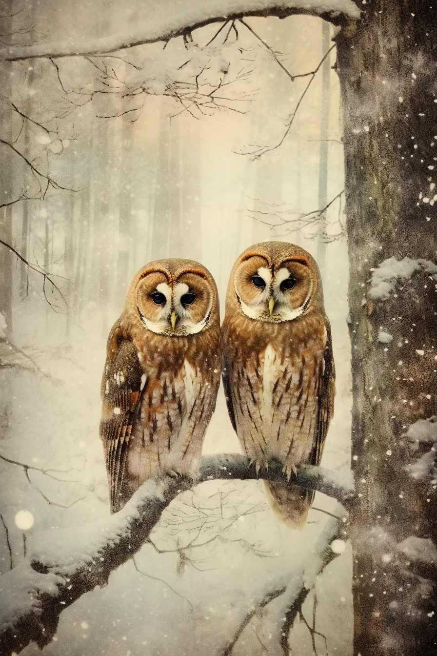 Cute owls sitting on a branch in a snowy forest