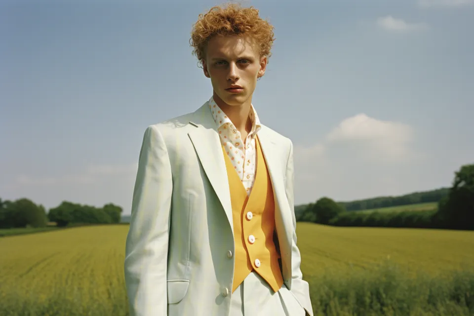 Hermosa fotografía de un joven en un traje inusual en un campo verde