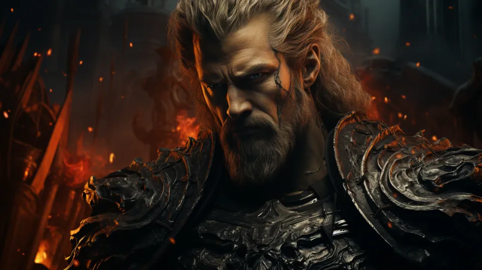 Heroism: Warrior with Long Hair and Armor Surrounded by Bright Flames