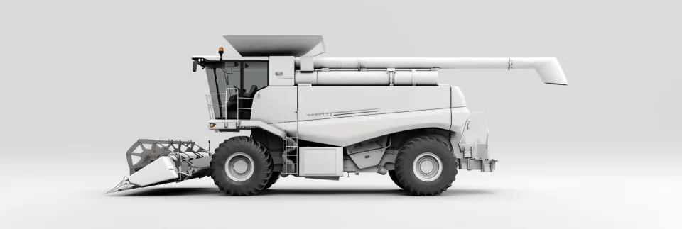 Image of a white harvester with a cabin and cutting header on a gray background