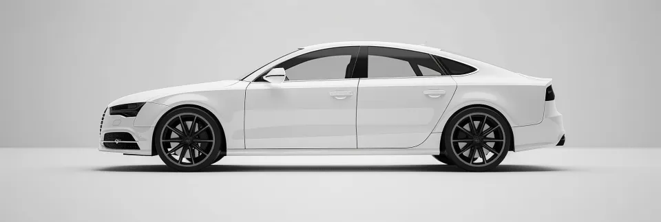Elegant white car with black rims on a gray background