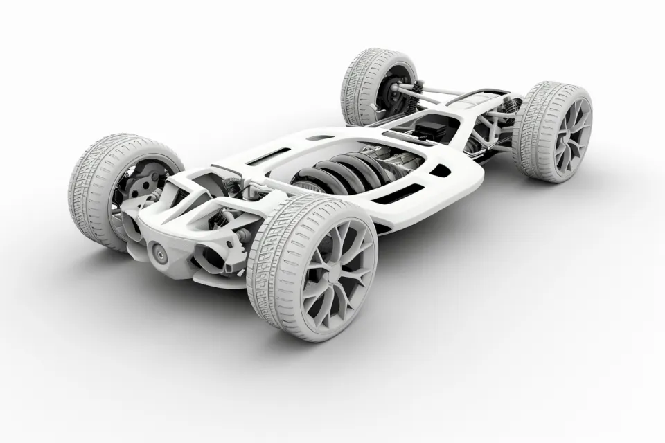 Modelo de chasis de automóvil con mecanismos y ruedas visibles