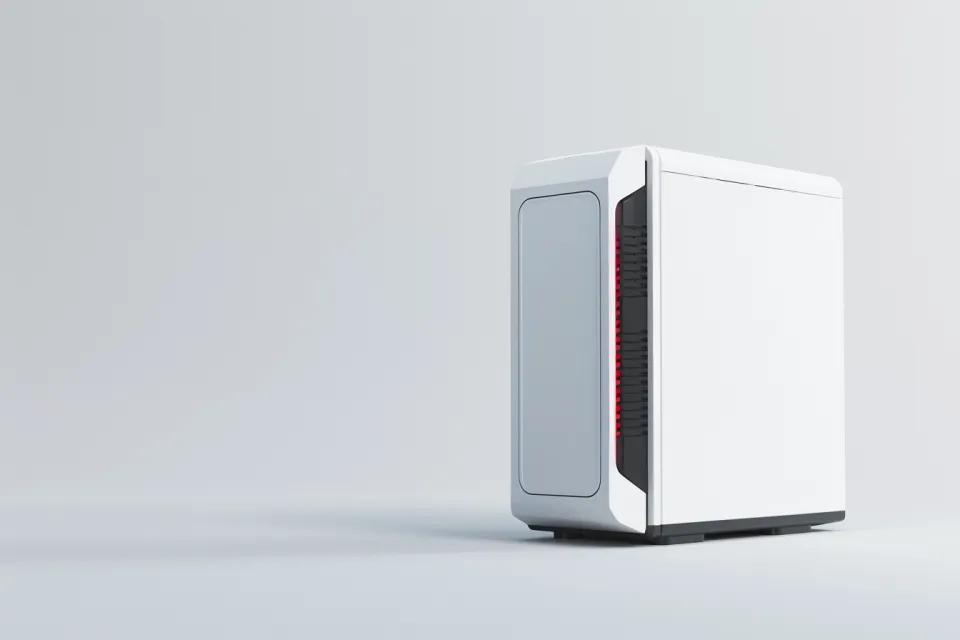 White computer case with red elements and minimalist design