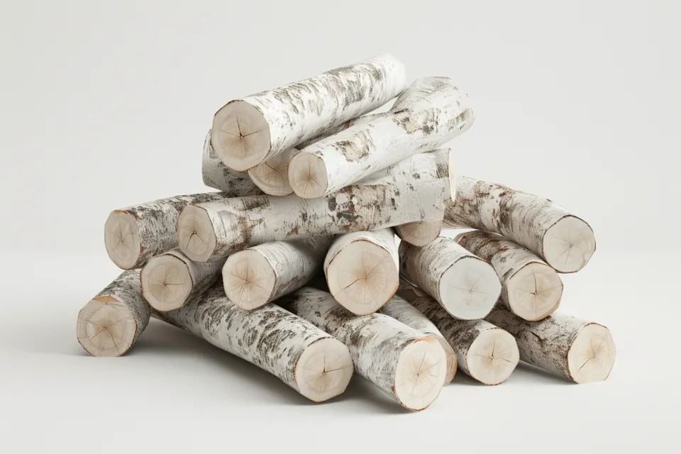 Dynamic composition of birch logs stacked on a white background