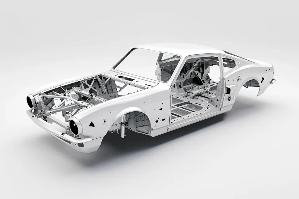 Imagen del chasis de un automóvil, realizado en color blanco y sin revestimientos de carrocería