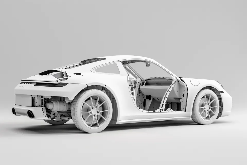 Изображение поршневого автомобиля Porsche с открытыми частями кузова