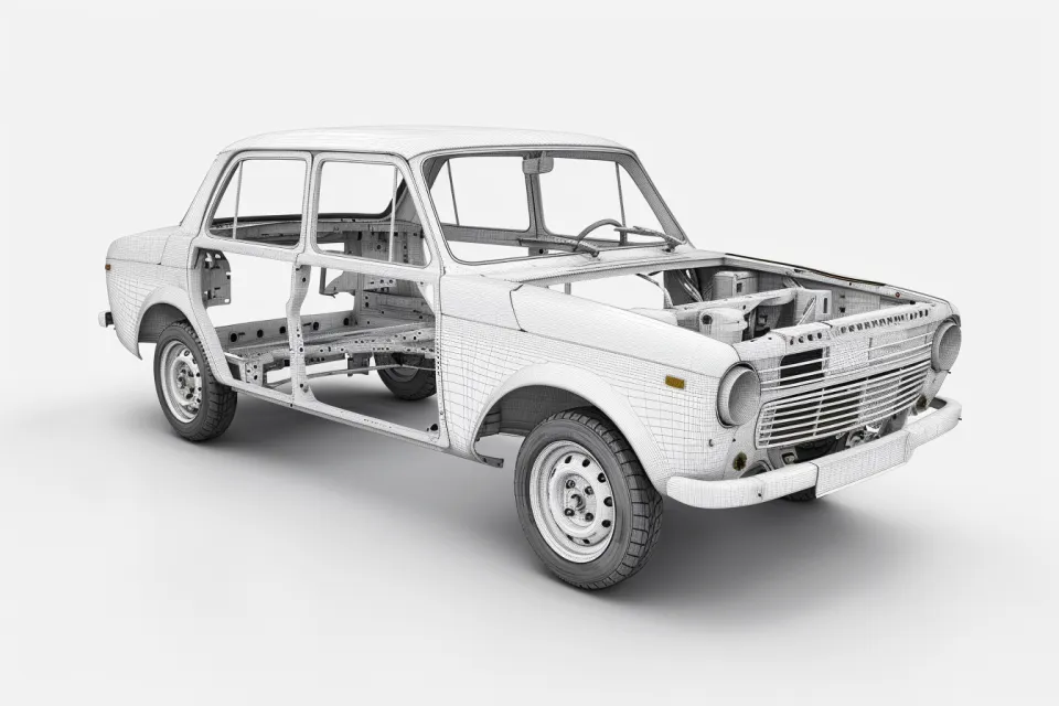 Modelo de automóvil en estilo wireframe con chasis detallado