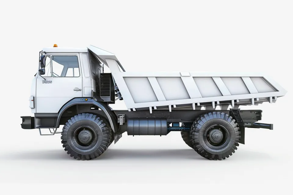 White dump truck with lifted bed on a white background