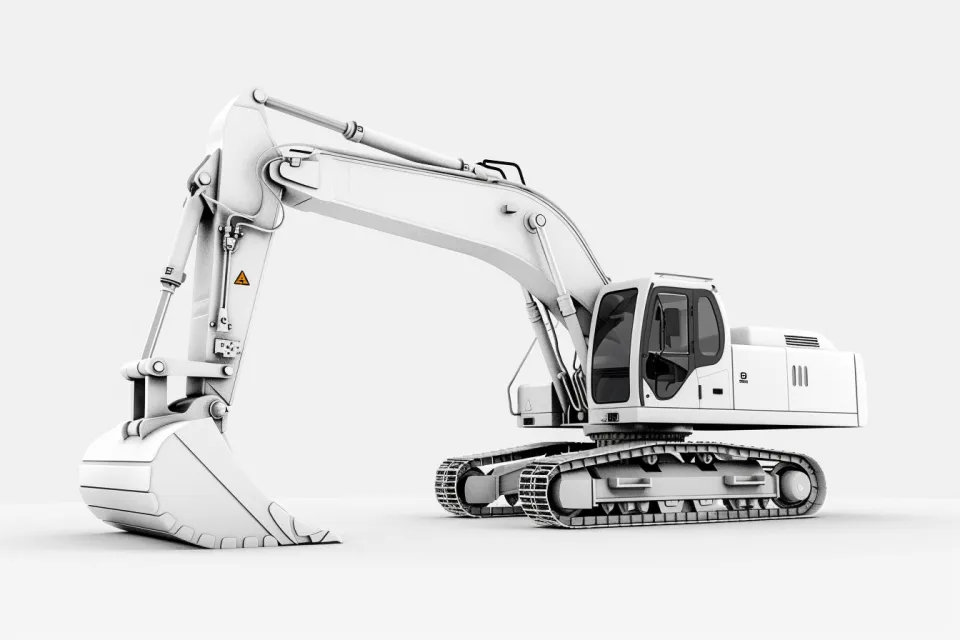 Excavator with an Extended Arm and Bucket on a Light Background