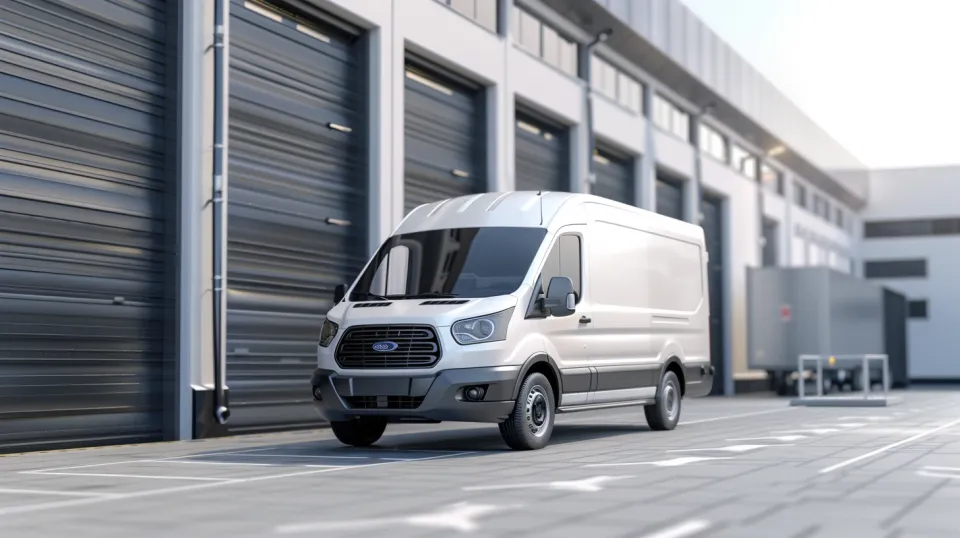 Ford van parked in a parking lot surrounded by warehouse buildings