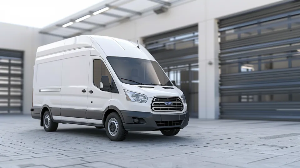 Furgón comercial blanco Ford junto a un garaje con dirección